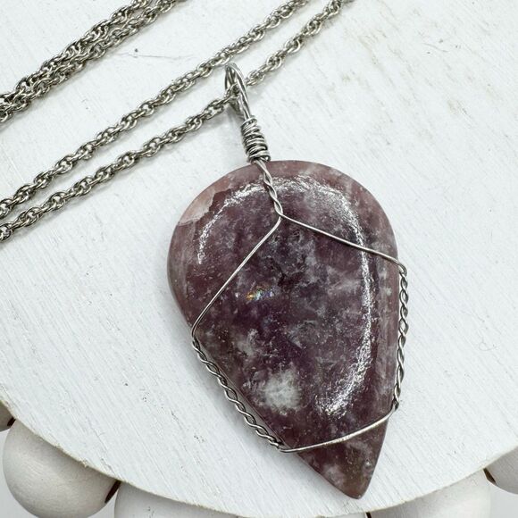 Lepidolite Purple Stone Wire Wrapped Teardrop Pendant Necklace Bohemian  18” - Picture 1 of 10